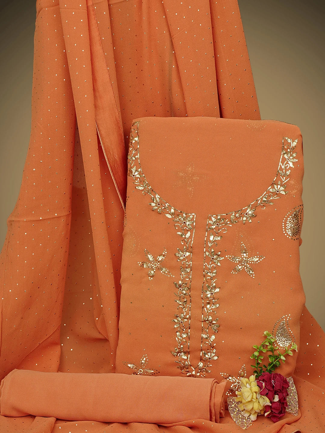 Ada Hand Embroidered Coral Glow Pure Georgette Lucknowi Chikankari Unstitched Suit Piece With Muqaish Work A336488