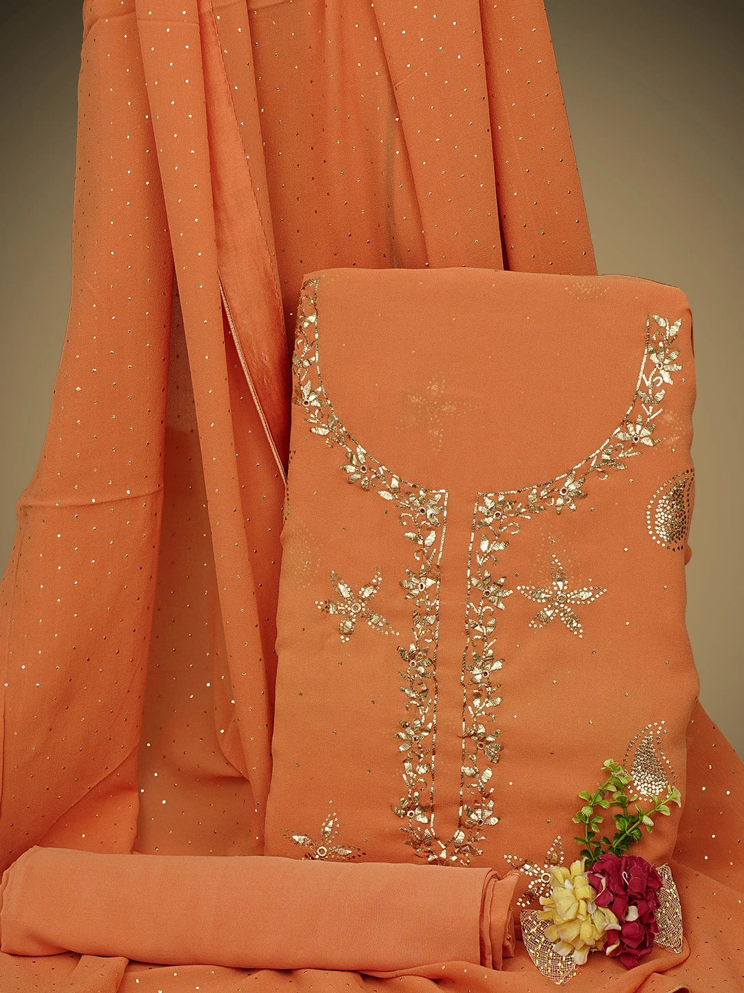 Ada Hand Embroidered Coral Glow Pure Georgette Lucknowi Chikankari Unstitched Suit Piece With Muqaish Work A336488