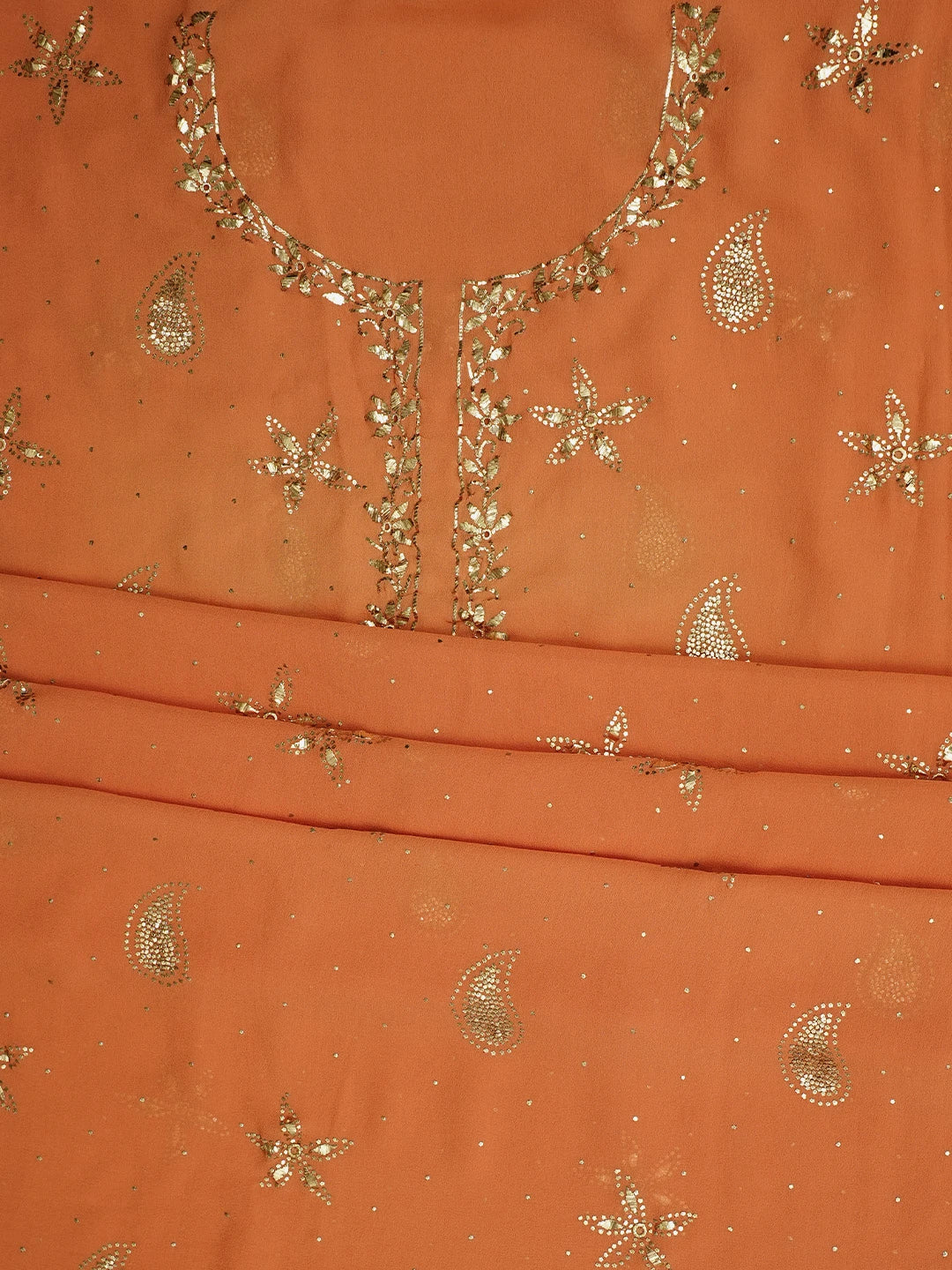 Ada Hand Embroidered Coral Glow Pure Georgette Lucknowi Chikankari Unstitched Suit Piece With Muqaish Work A336488