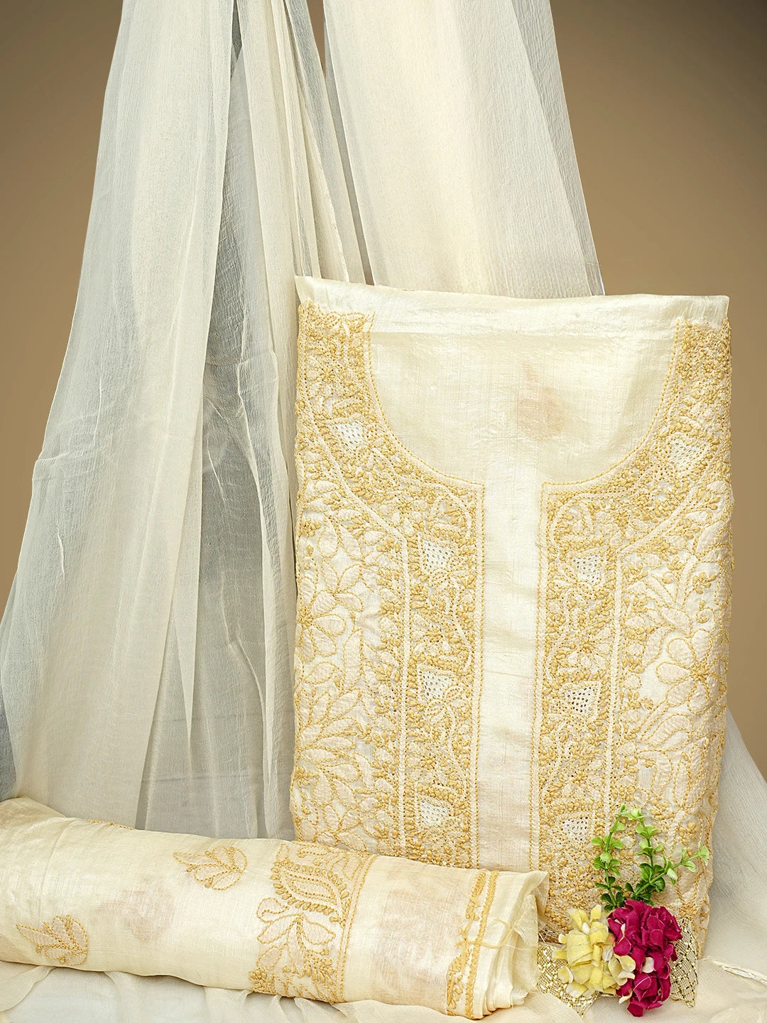 Ada Hand Embroidered Fawn Silk Lucknowi Chikankari Unstitched Suit Piece 01A965331