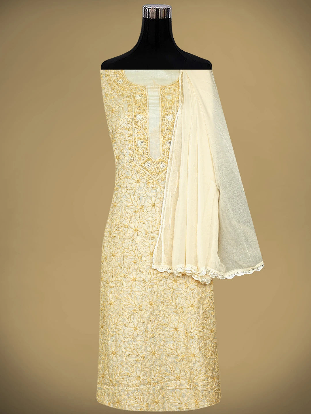 Ada Hand Embroidered Fawn Silk Lucknowi Chikankari Unstitched Suit Piece 01A965331