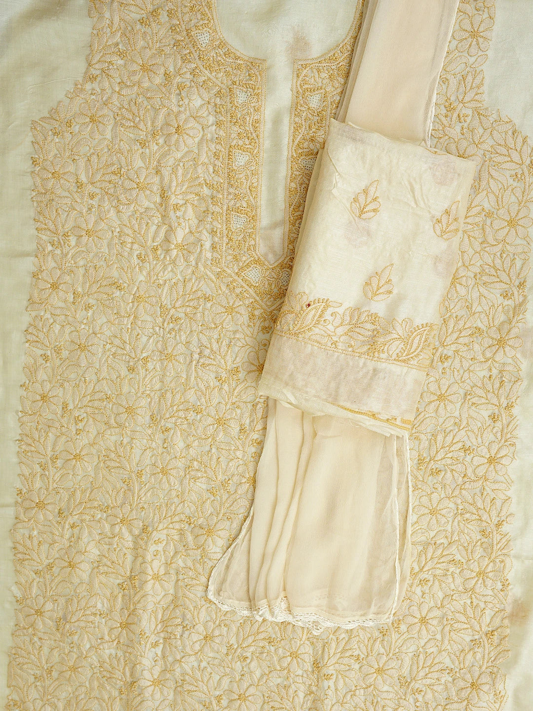Ada Hand Embroidered Fawn Silk Lucknowi Chikankari Unstitched Suit Piece 01A965331
