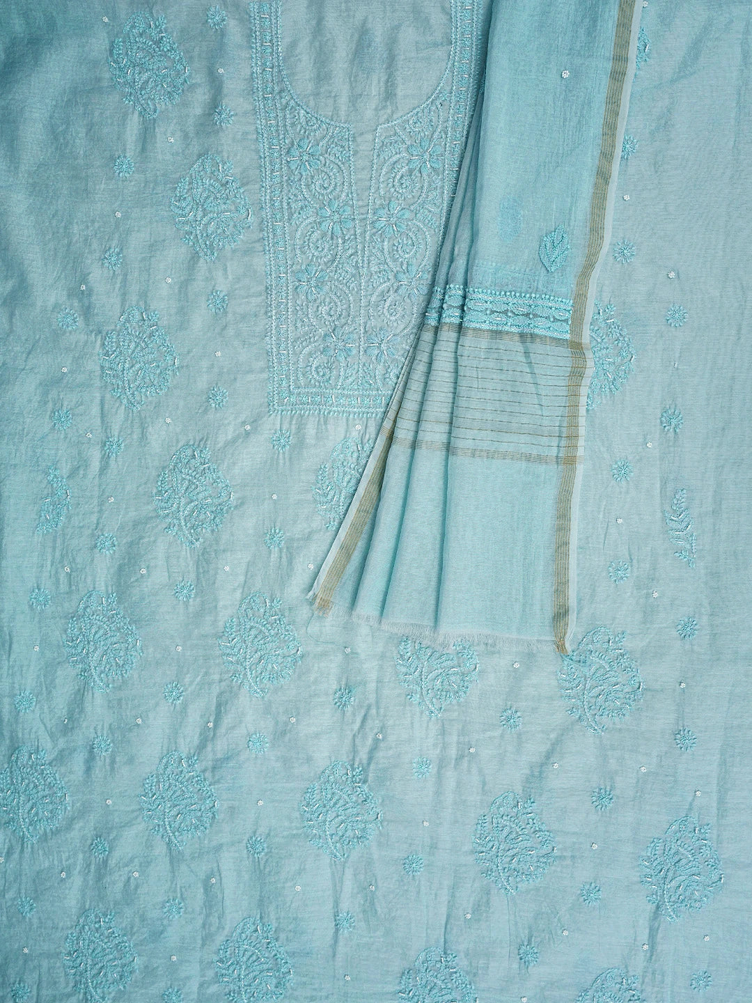 Ada Hand Embroidered Baby Blue Chanderi Lucknowi Chikankari Unstitched Kurta Dupatta Set With Cutdana Work 01A939768