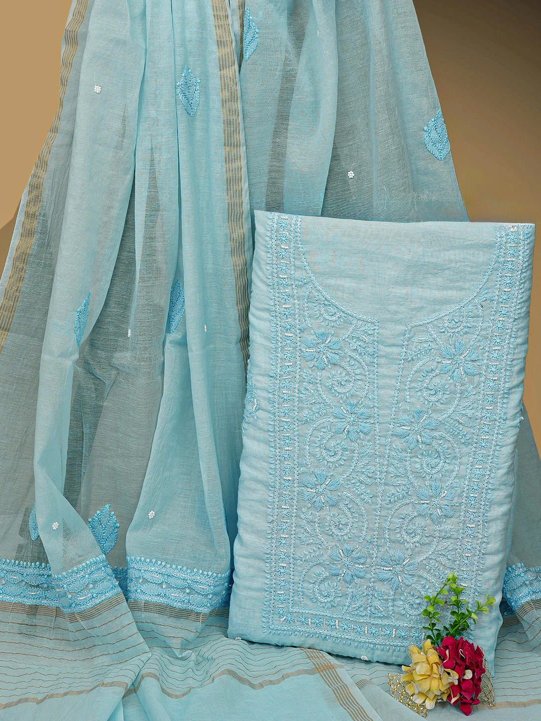 Ada Hand Embroidered Baby Blue Chanderi Lucknowi Chikankari Unstitched Kurta Dupatta Set With Cutdana Work 01A939768