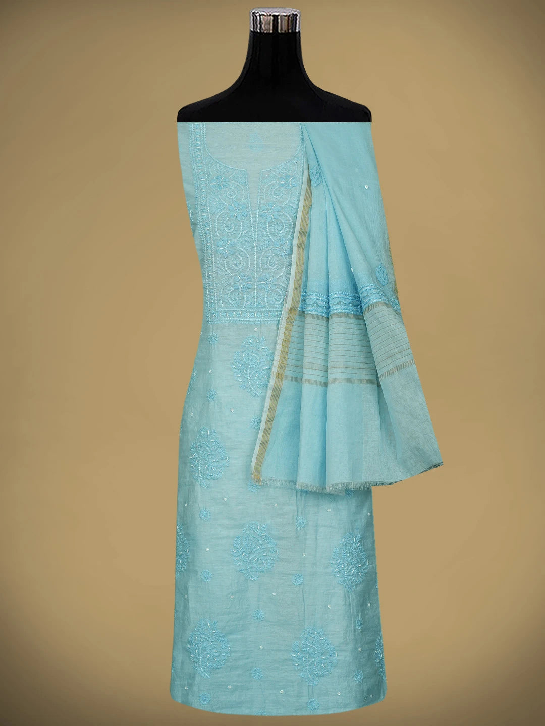 Ada Hand Embroidered Baby Blue Chanderi Lucknowi Chikankari Unstitched Kurta Dupatta Set With Cutdana Work 01A939768