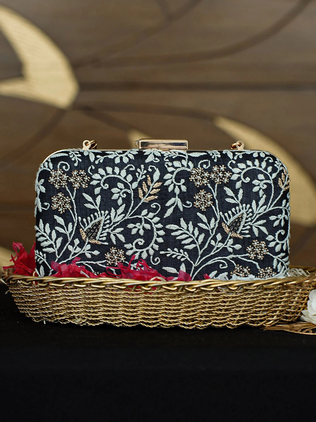 Ada Hand Embroidered Black Silk Lucknowi Chikankari Clutch With Zari Work 01A924525