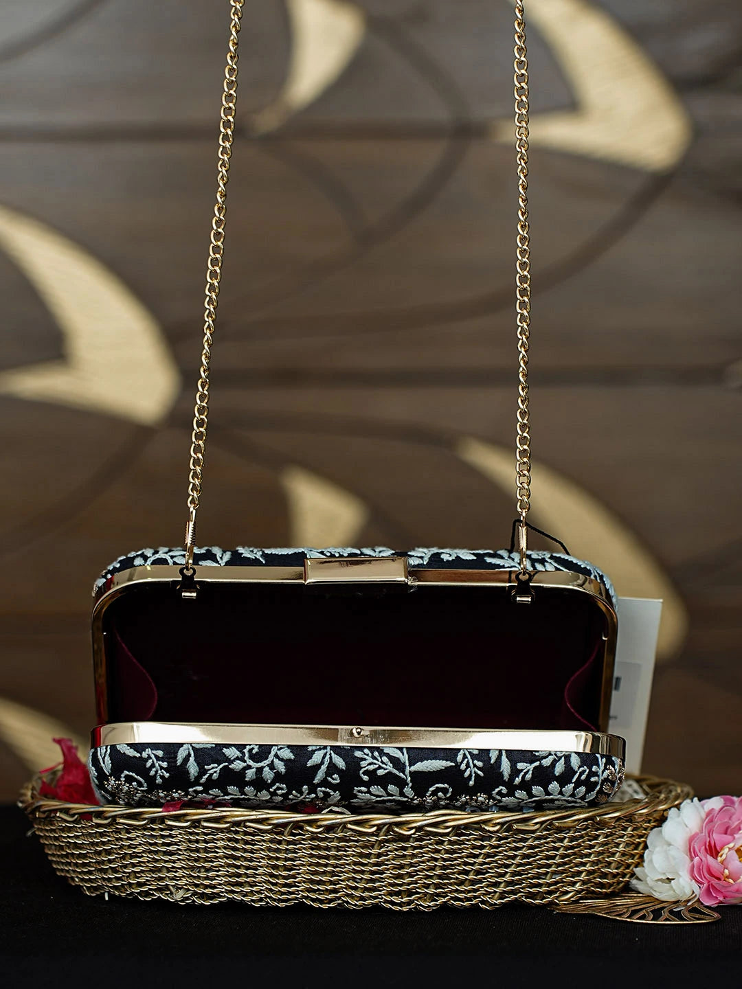 Ada Hand Embroidered Black Silk Lucknowi Chikankari Clutch With Zari Work 01A924525