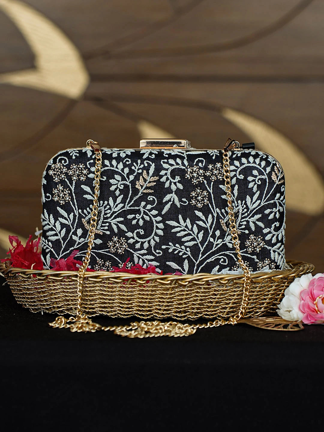 Ada Hand Embroidered Black Silk Lucknowi Chikankari Clutch With Zari Work 01A924525