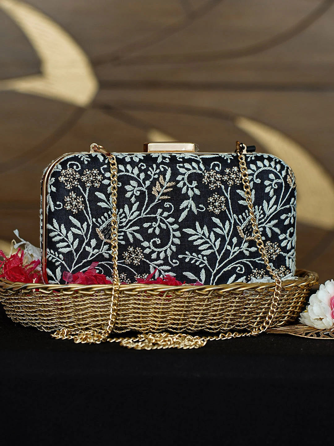 Ada Hand Embroidered Black Silk Lucknowi Chikankari Clutch With Zari Work 01A924525