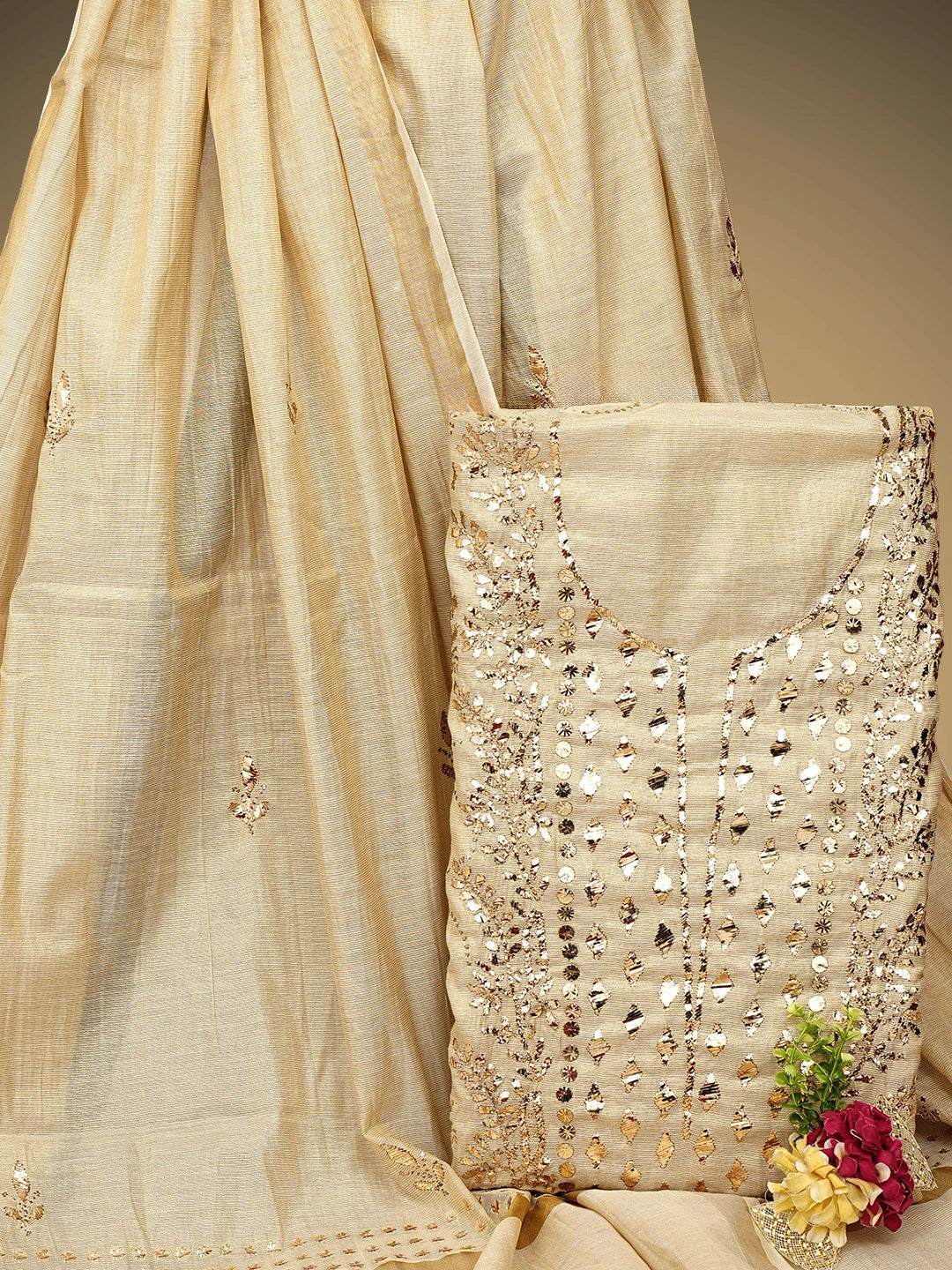 Ada Hand Embroidered Fawn Tissue Unstitched Kurta Dupatta Set With Mukaish/Muqaish Work 01A972578