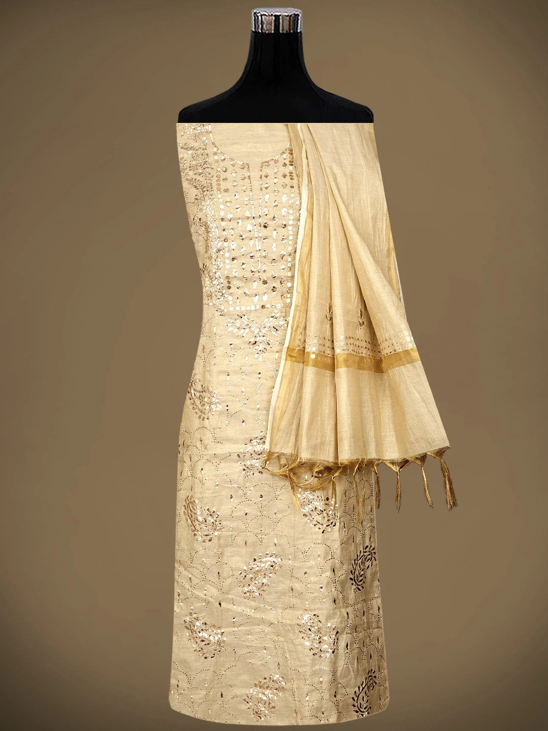 Ada Hand Embroidered Fawn Tissue Unstitched Kurta Dupatta Set With Mukaish/Muqaish Work 01A972578
