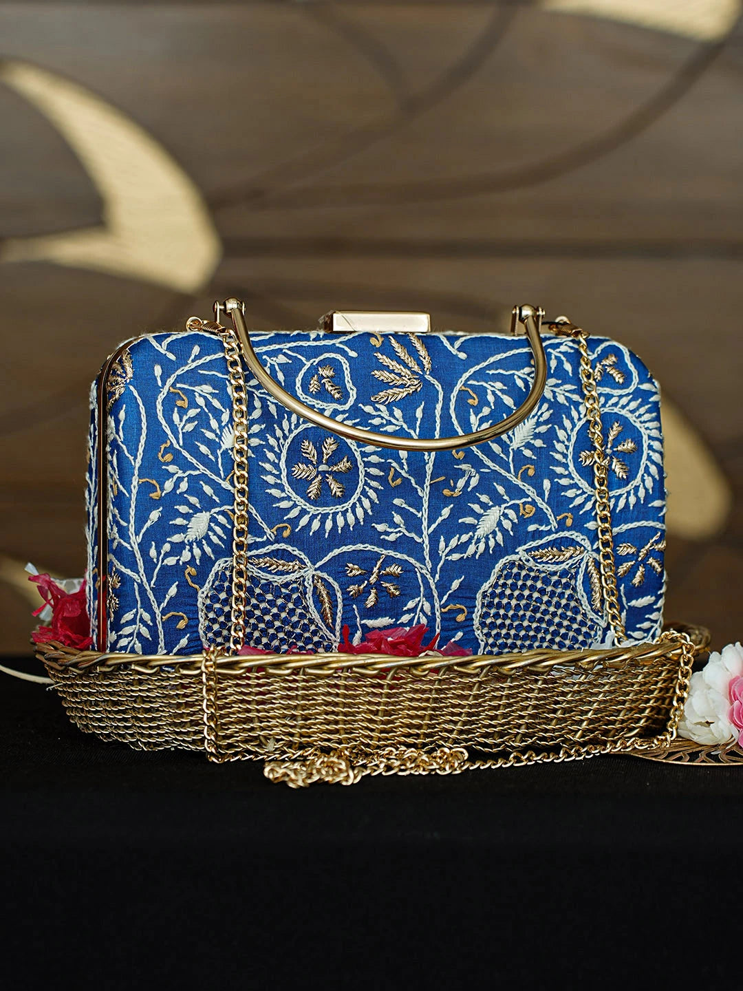 Ada Hand Embroidered Royal Blue Silk Lucknowi Chikankari Clutch With Zari Work 01A962176