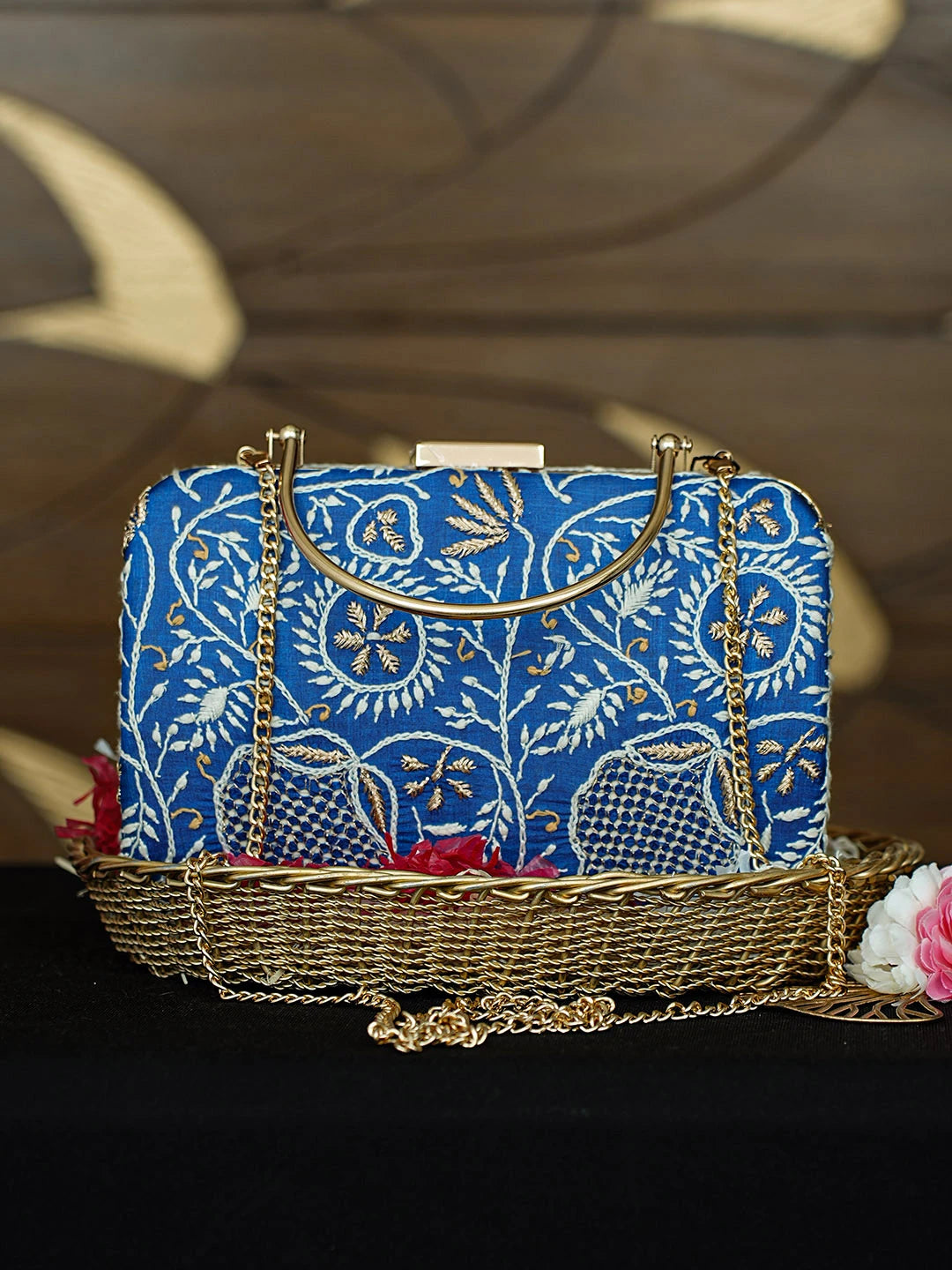 Ada Hand Embroidered Royal Blue Silk Lucknowi Chikankari Clutch With Zari Work 01A962176