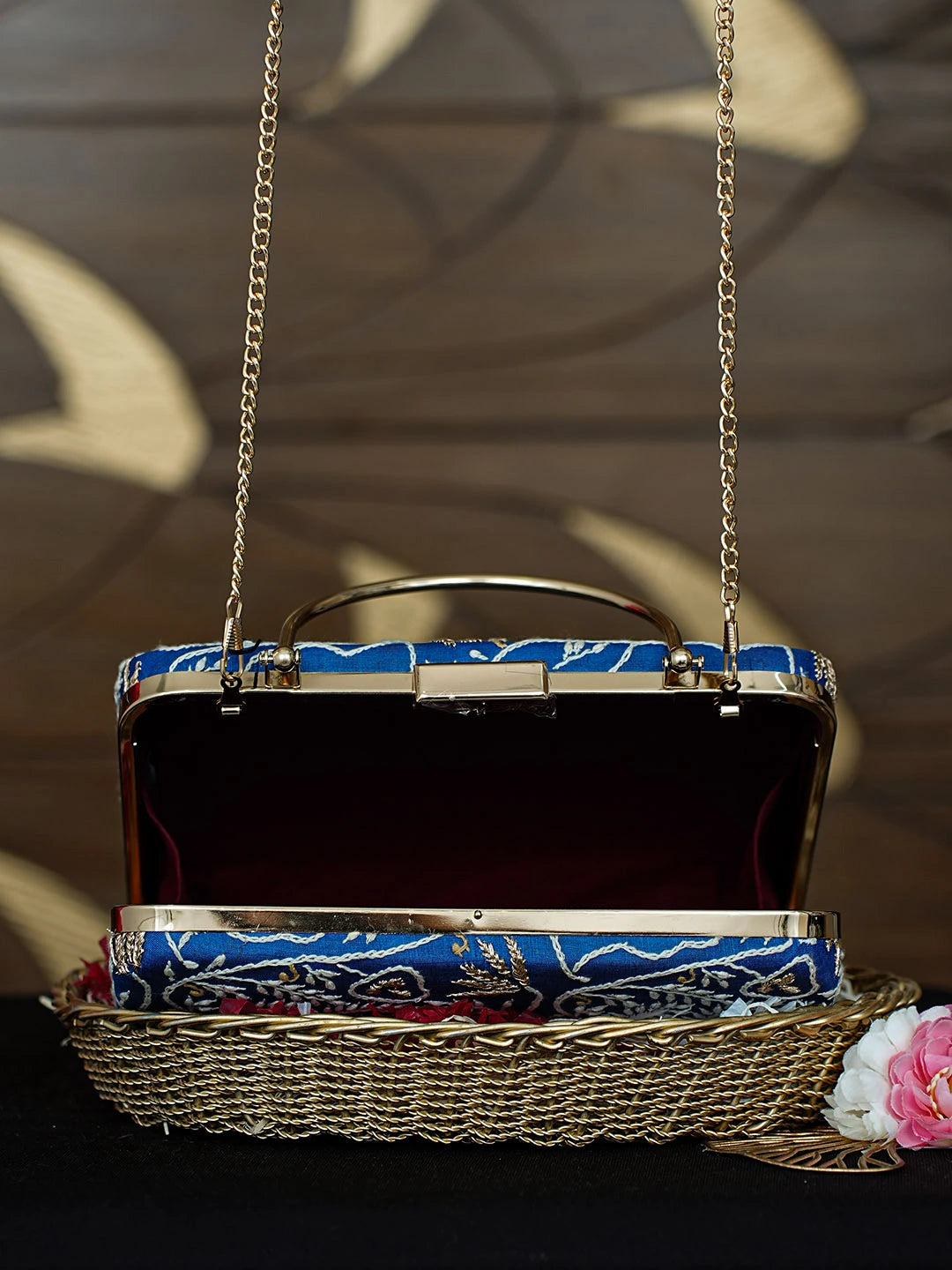 Ada Hand Embroidered Royal Blue Silk Lucknowi Chikankari Clutch With Zari Work 01A962176