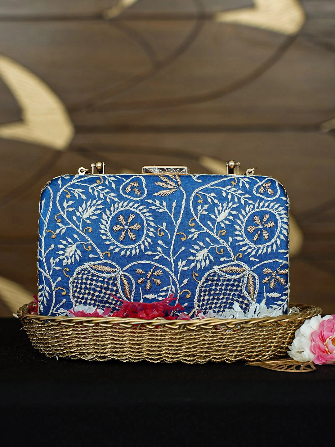 Ada Hand Embroidered Royal Blue Silk Lucknowi Chikankari Clutch With Zari Work 01A962176