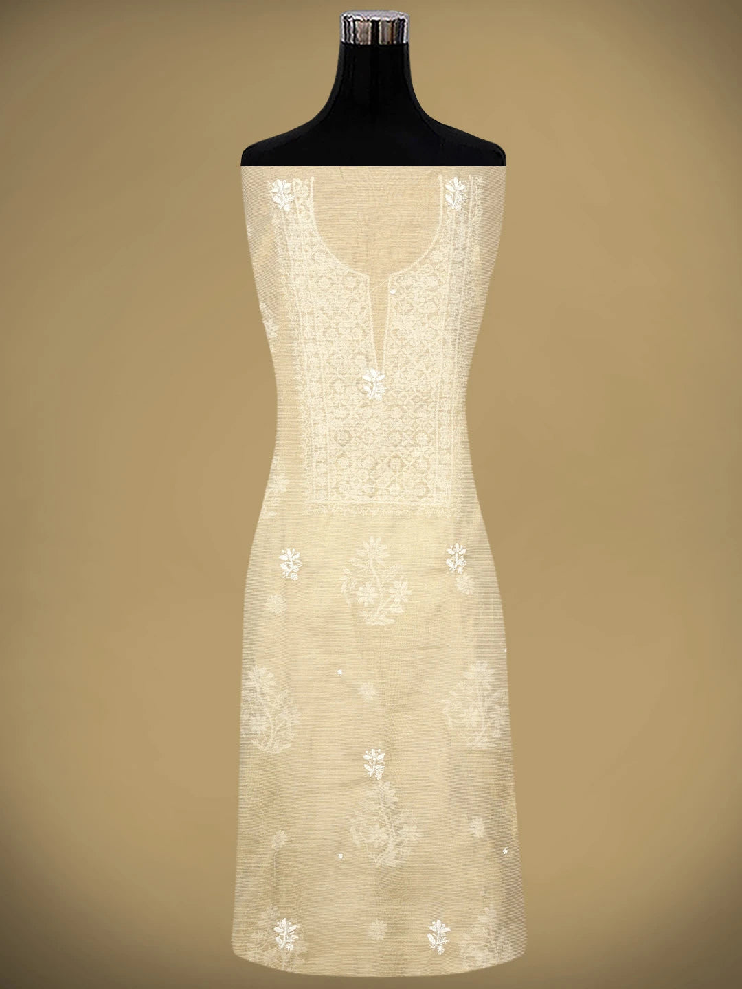 Ada Hand Embroidered Fawn Tissue Lucknowi Chikankari Unstitched Kurta Dupatta Set With Pearl Work 01A972536