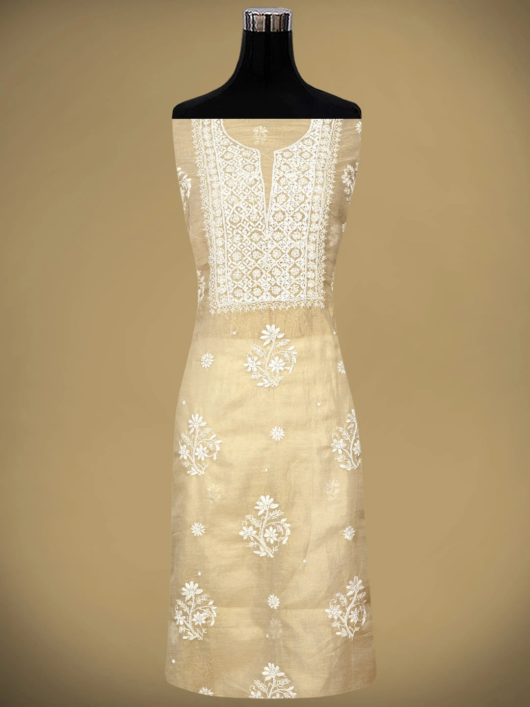 Ada Hand Embroidered Fawn Tissue Lucknowi Chikankari Unstitched Kurta Dupatta Set With Pearl Work 01A972536