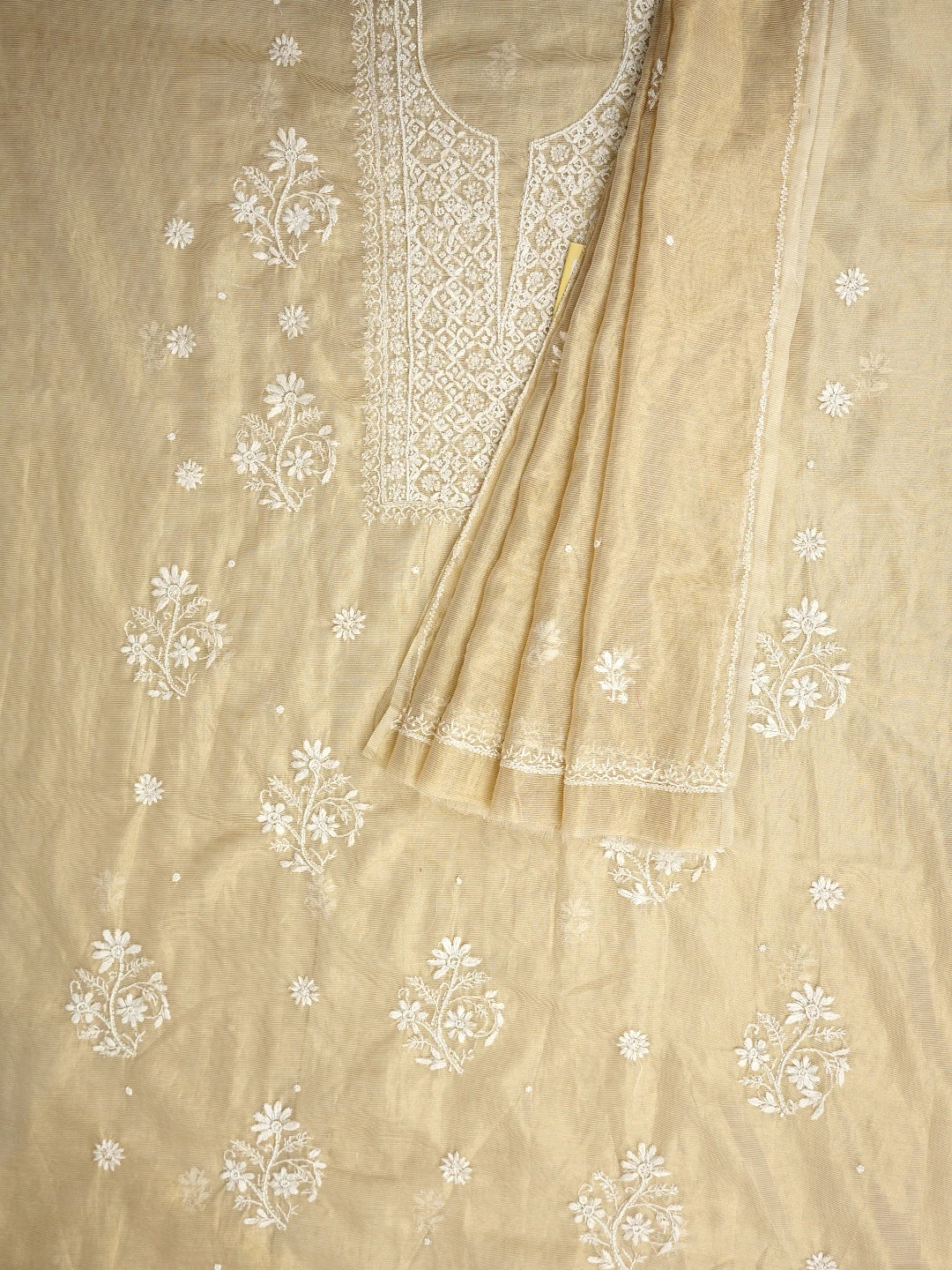 Ada Hand Embroidered Fawn Tissue Lucknowi Chikankari Unstitched Kurta Dupatta Set With Pearl Work 01A972536