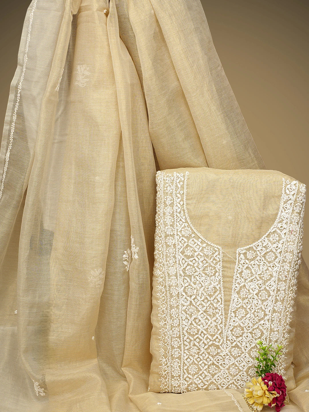 Ada Hand Embroidered Fawn Tissue Lucknowi Chikankari Unstitched Kurta Dupatta Set With Pearl Work 01A972536