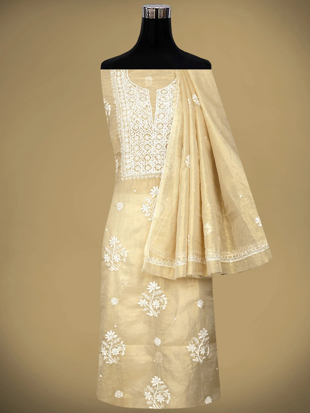 Ada Hand Embroidered Fawn Tissue Lucknowi Chikankari Unstitched Kurta Dupatta Set With Pearl Work 01A972536