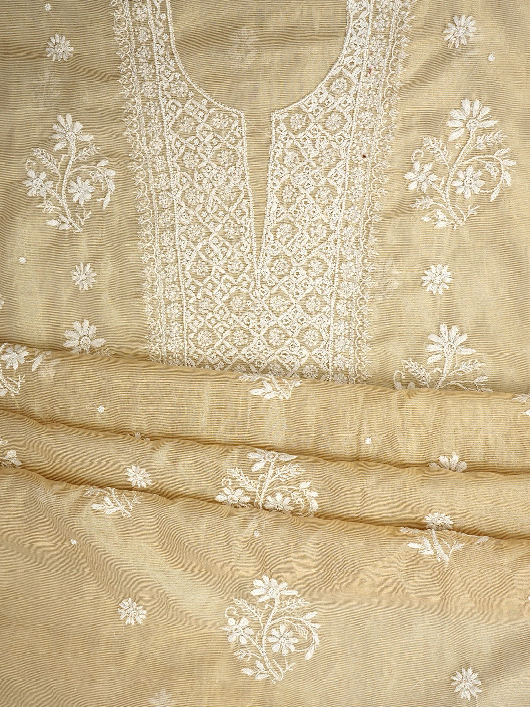 Ada Hand Embroidered Fawn Tissue Lucknowi Chikankari Unstitched Kurta Dupatta Set With Pearl Work 01A972536