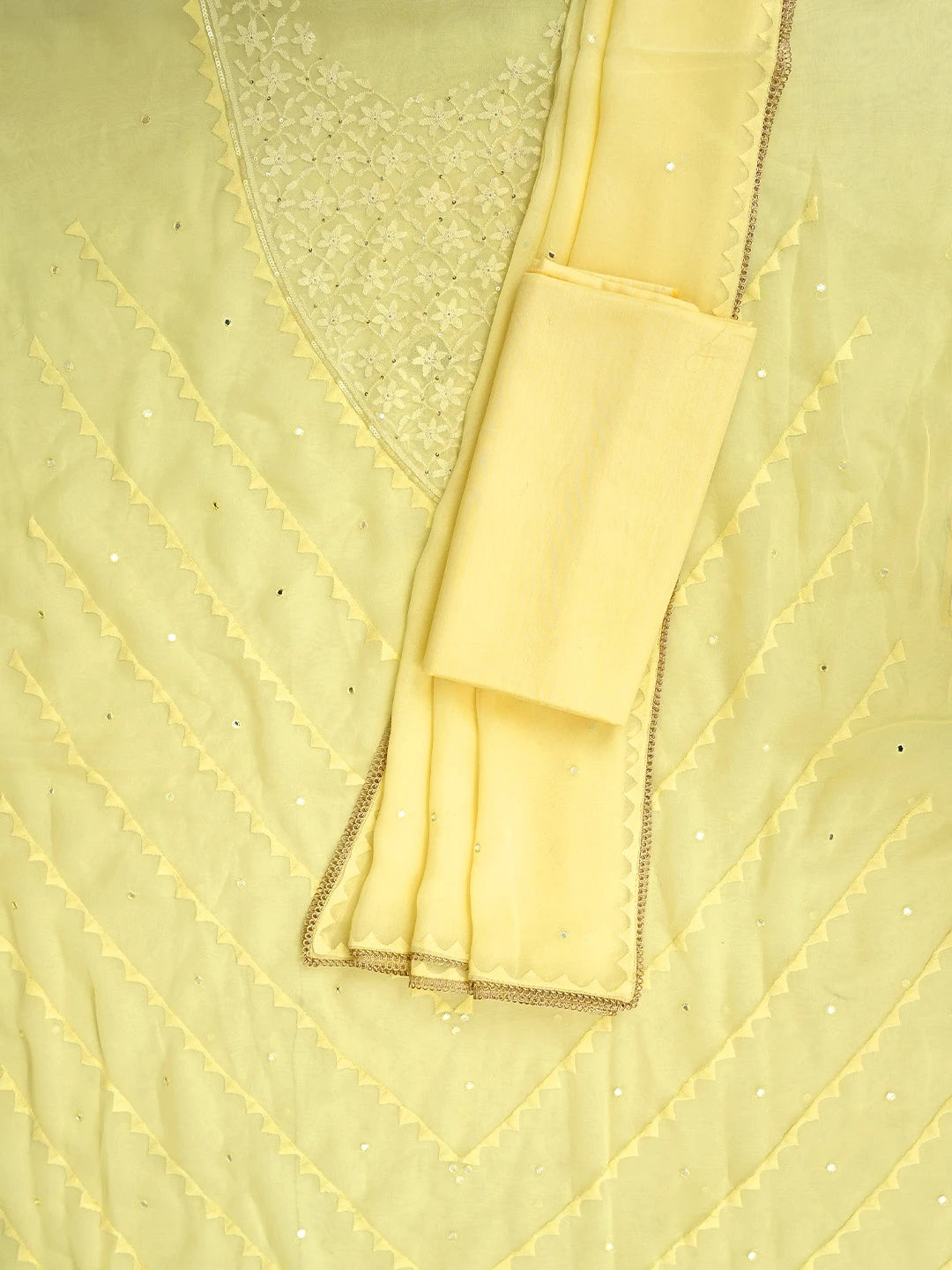 Ada Hand Embroidered Lemon Pure Georgette Lucknowi Chikankari Unstitched Suit Piece With Sequinned Work 01A345376