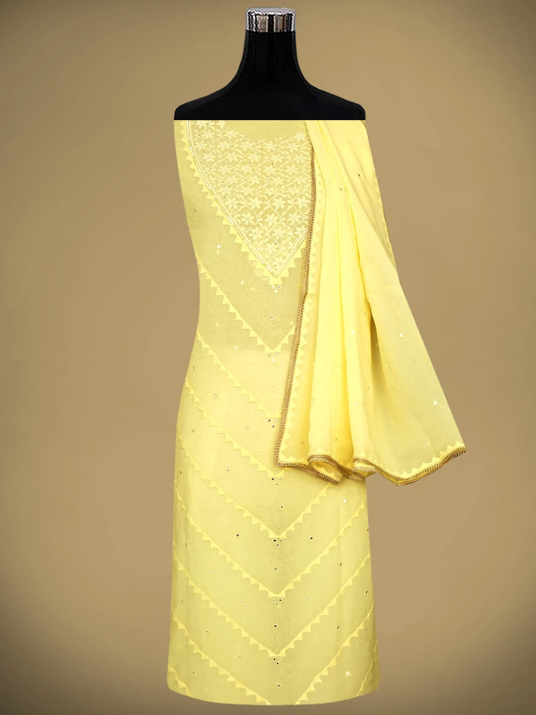 Ada Hand Embroidered Lemon Pure Georgette Lucknowi Chikankari Unstitched Suit Piece With Sequinned Work 01A345376
