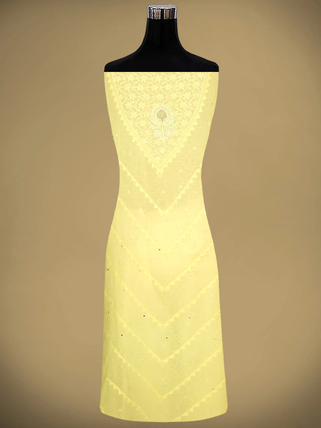 Ada Hand Embroidered Lemon Pure Georgette Lucknowi Chikankari Unstitched Suit Piece With Sequinned Work 01A345376