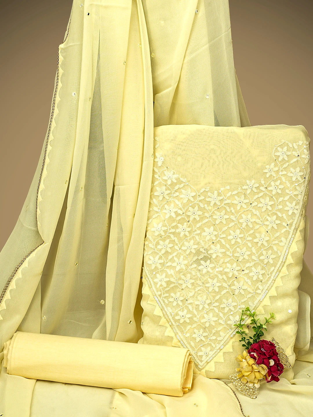 Ada Hand Embroidered Lemon Pure Georgette Lucknowi Chikankari Unstitched Suit Piece With Sequinned Work 01A345376