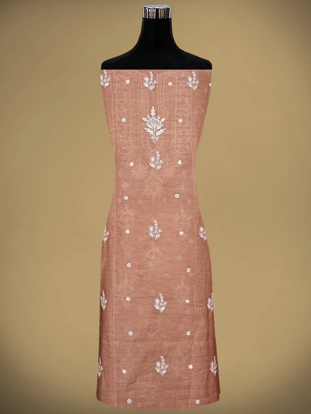 Ada Hand Embroidered Dusty Peach Chanderi Lucknowi Chikankari Unstitched Kurta Dupatta Set With Pearl Work 01A959476