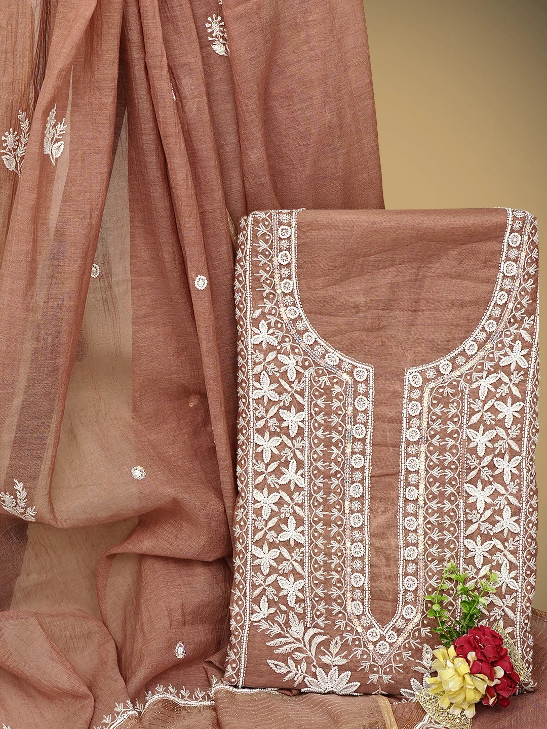 Ada Hand Embroidered Dusty Peach Chanderi Lucknowi Chikankari Unstitched Kurta Dupatta Set With Pearl Work 01A959476