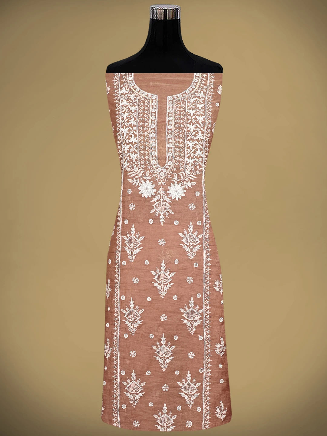 Ada Hand Embroidered Dusty Peach Chanderi Lucknowi Chikankari Unstitched Kurta Dupatta Set With Pearl Work 01A959476