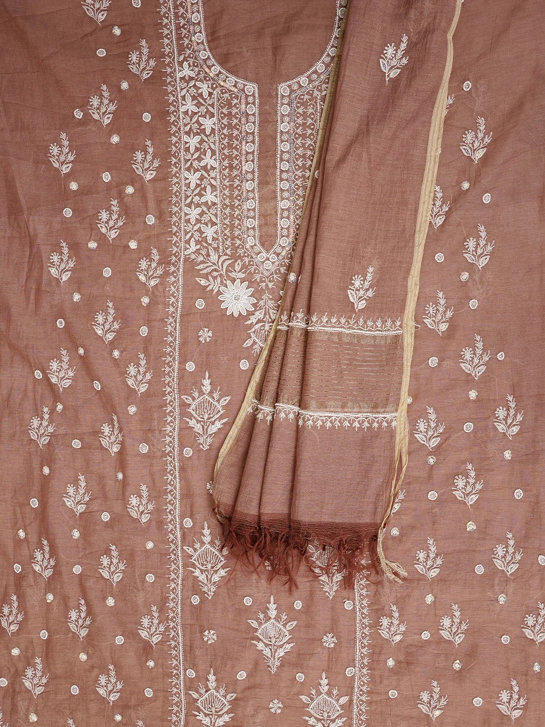 Ada Hand Embroidered Dusty Peach Chanderi Lucknowi Chikankari Unstitched Kurta Dupatta Set With Pearl Work 01A959476