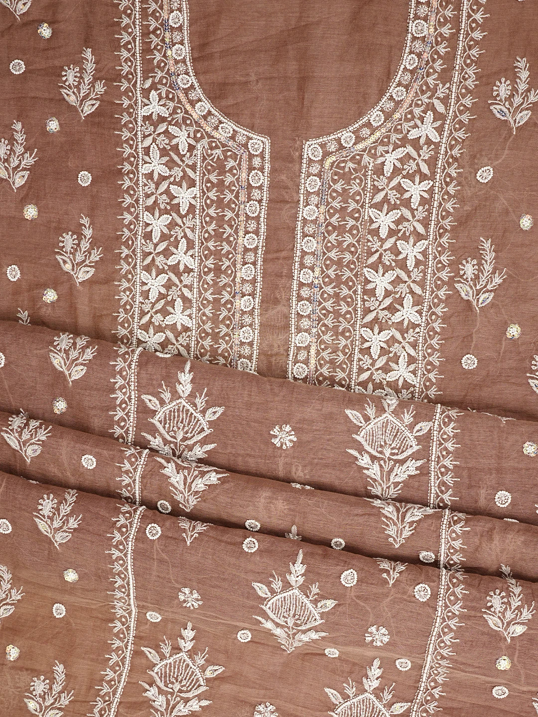 Ada Hand Embroidered Dusty Peach Chanderi Lucknowi Chikankari Unstitched Kurta Dupatta Set With Pearl Work 01A959476