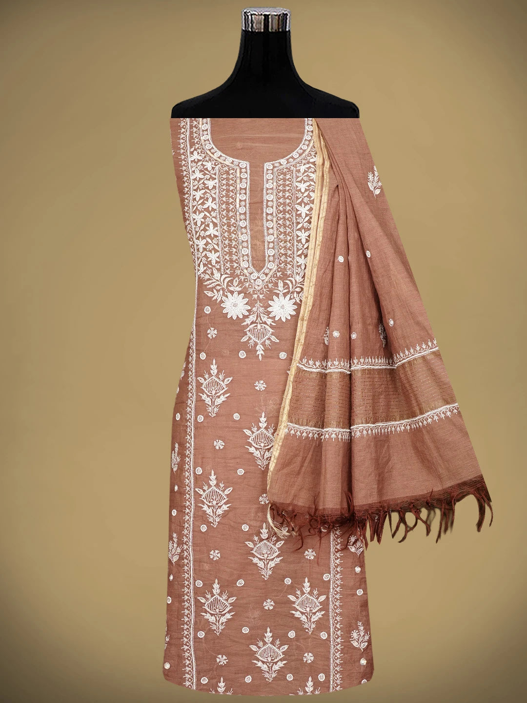 Ada Hand Embroidered Dusty Peach Chanderi Lucknowi Chikankari Unstitched Kurta Dupatta Set With Pearl Work 01A959476