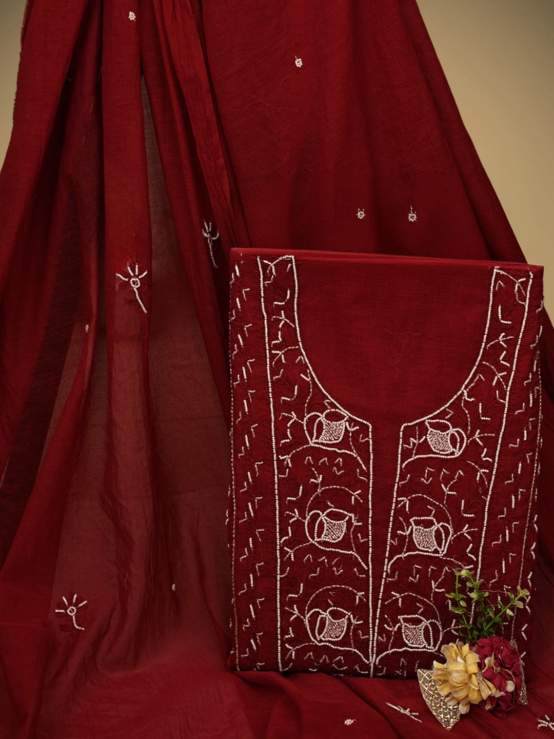 Ada Hand Embroidered Maroon Chanderi Lucknowi Chikankari Unstitched Kurta Dupatta Set With Pearl Work 01A911505
