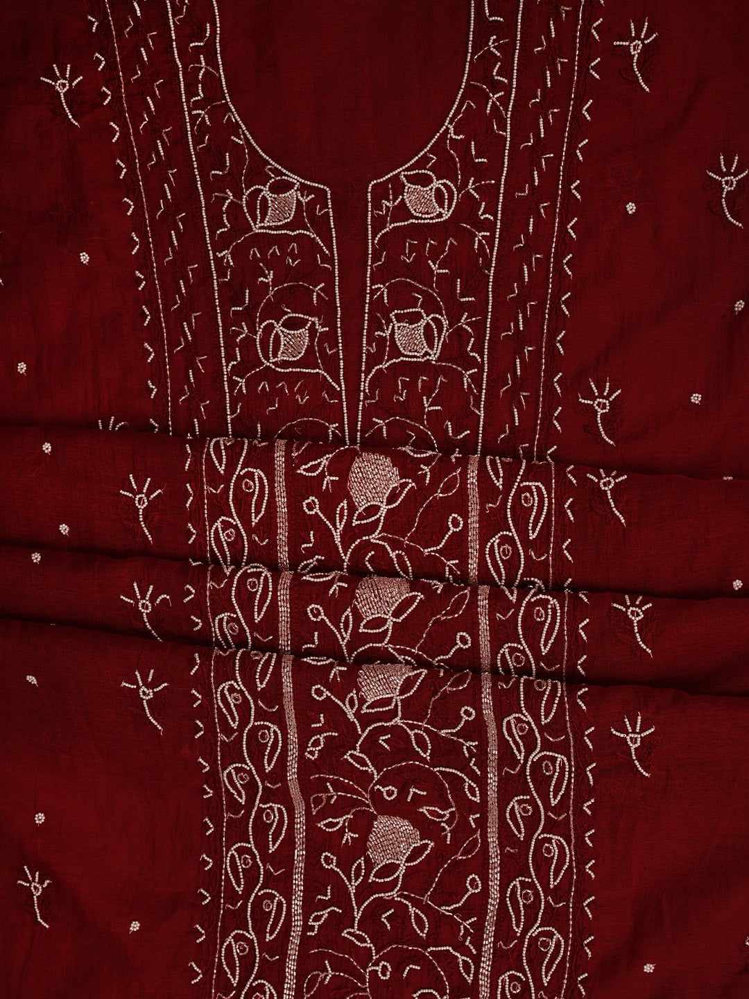 Ada Hand Embroidered Maroon Chanderi Lucknowi Chikankari Unstitched Kurta Dupatta Set With Pearl Work 01A911505