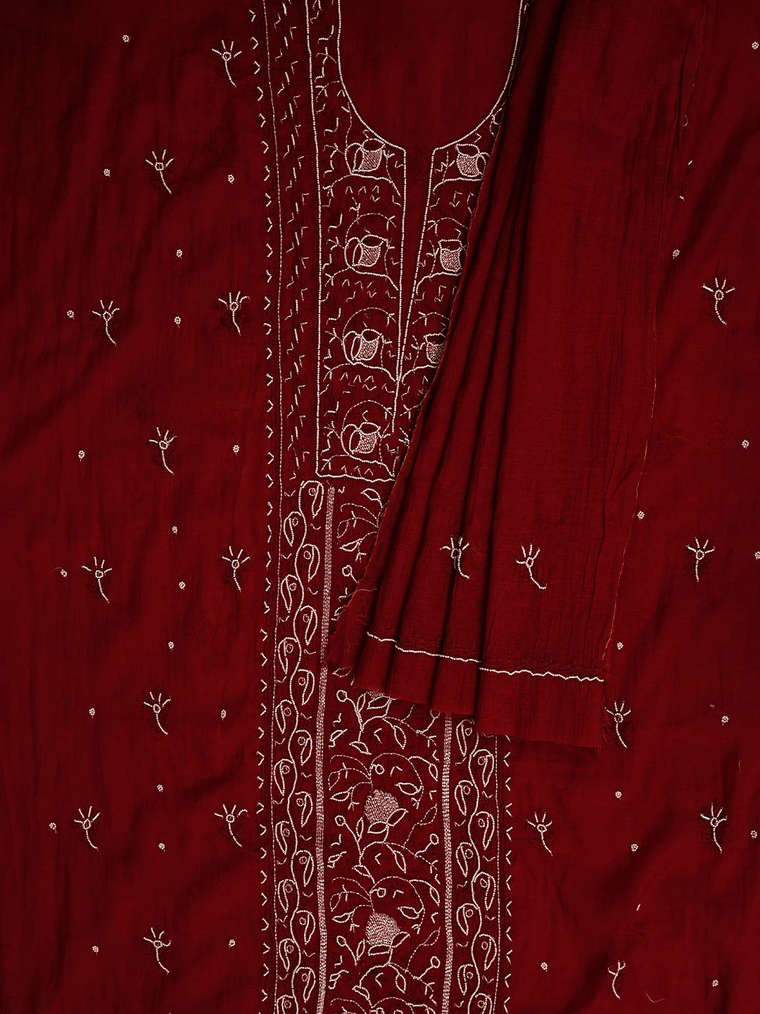 Ada Hand Embroidered Maroon Chanderi Lucknowi Chikankari Unstitched Kurta Dupatta Set With Pearl Work 01A911505