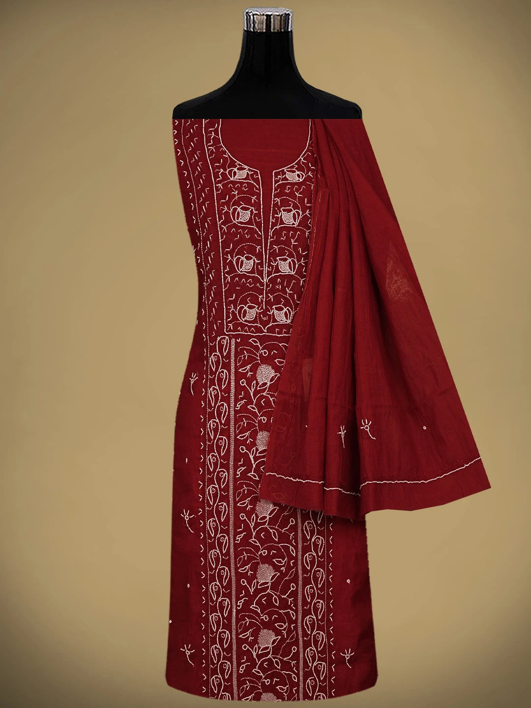 Ada Hand Embroidered Maroon Chanderi Lucknowi Chikankari Unstitched Kurta Dupatta Set With Pearl Work 01A911505