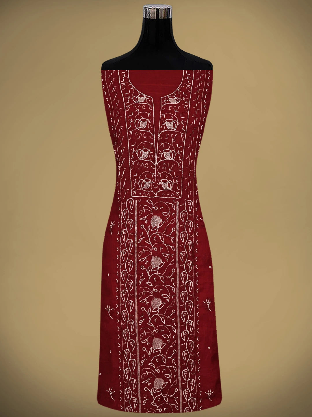 Ada Hand Embroidered Maroon Chanderi Lucknowi Chikankari Unstitched Kurta Dupatta Set With Pearl Work 01A911505