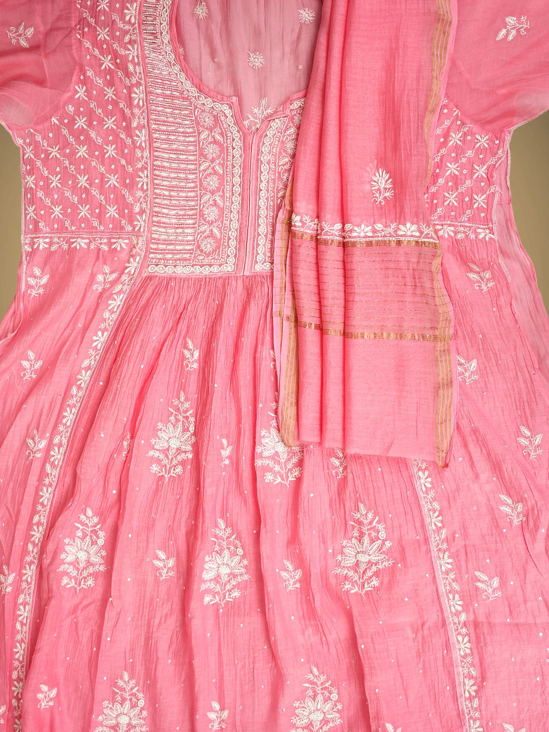 Ada Hand Embroidered Pink Chanderi Semi-Stitched Lucknowi Chikankari A-Line Kurta Dupatta Set With Cutdana Work 01A954226