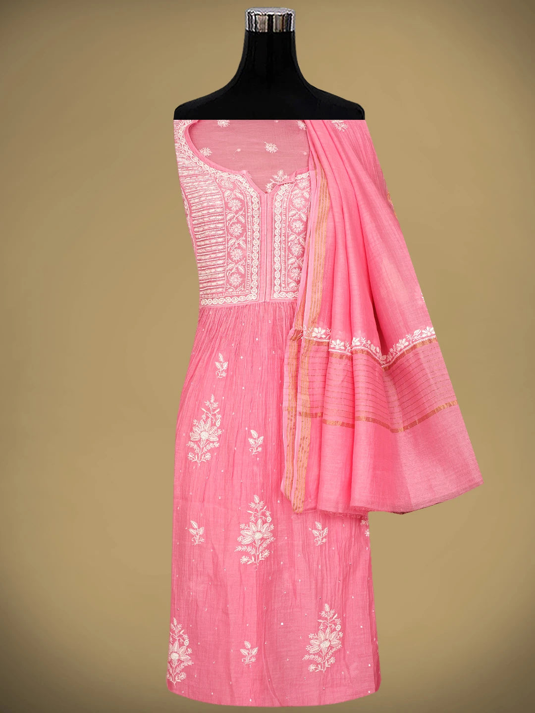 Ada Hand Embroidered Pink Chanderi Semi-Stitched Lucknowi Chikankari A-Line Kurta Dupatta Set With Cutdana Work 01A954226