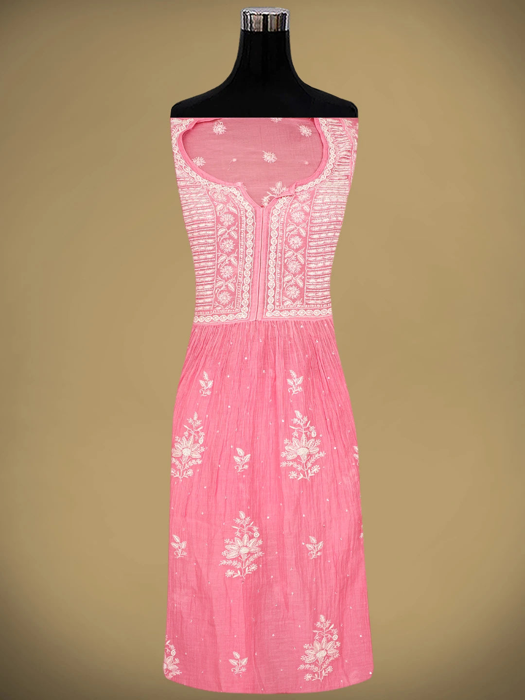 Ada Hand Embroidered Pink Chanderi Semi-Stitched Lucknowi Chikankari A-Line Kurta Dupatta Set With Cutdana Work 01A954226