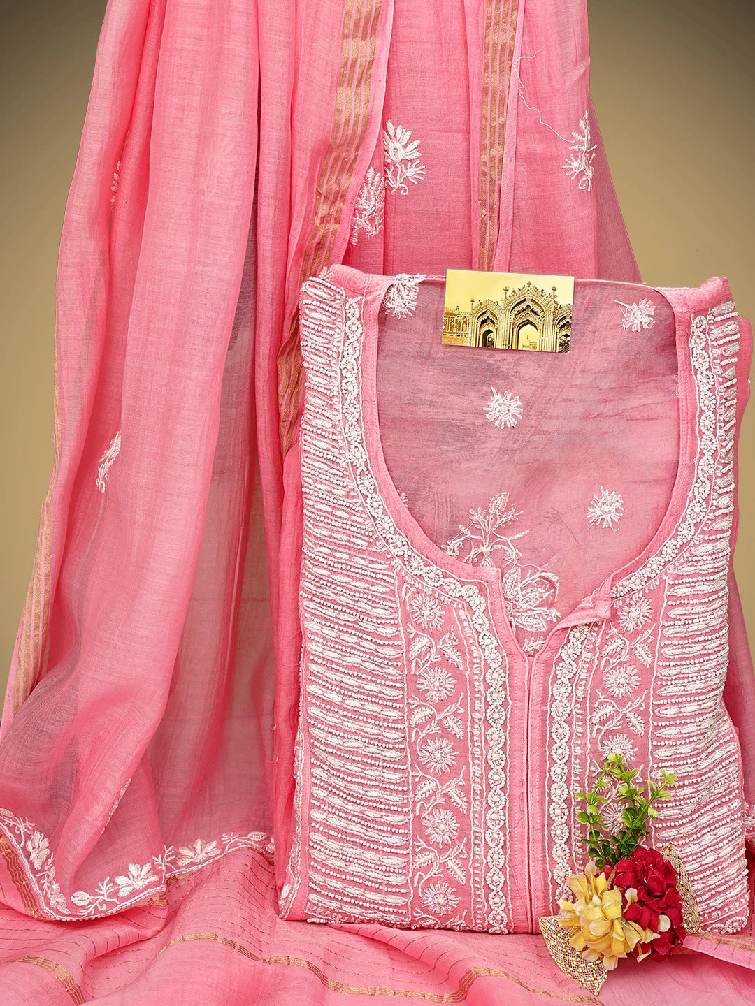 Ada Hand Embroidered Pink Chanderi Semi-Stitched Lucknowi Chikankari A-Line Kurta Dupatta Set With Cutdana Work 01A954226