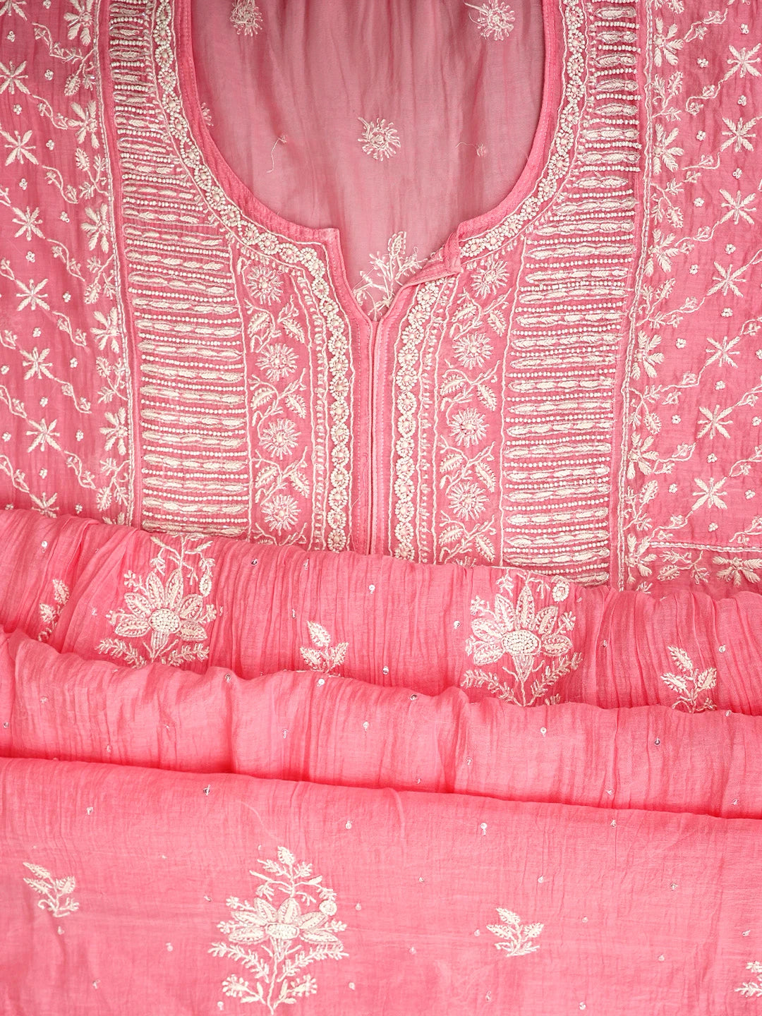 Ada Hand Embroidered Pink Chanderi Semi-Stitched Lucknowi Chikankari A-Line Kurta Dupatta Set With Cutdana Work 01A954226