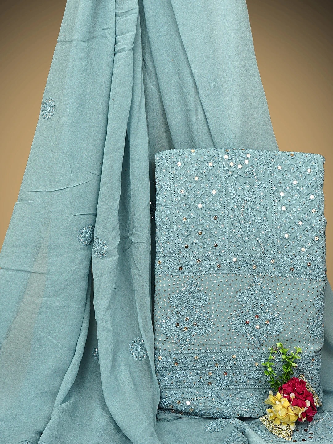 Ada Hand Embroidered Grey Viscose Georgette Lucknowi Chikankari Unstitched Kurta Dupatta Set With Muqaish Work 01A967053