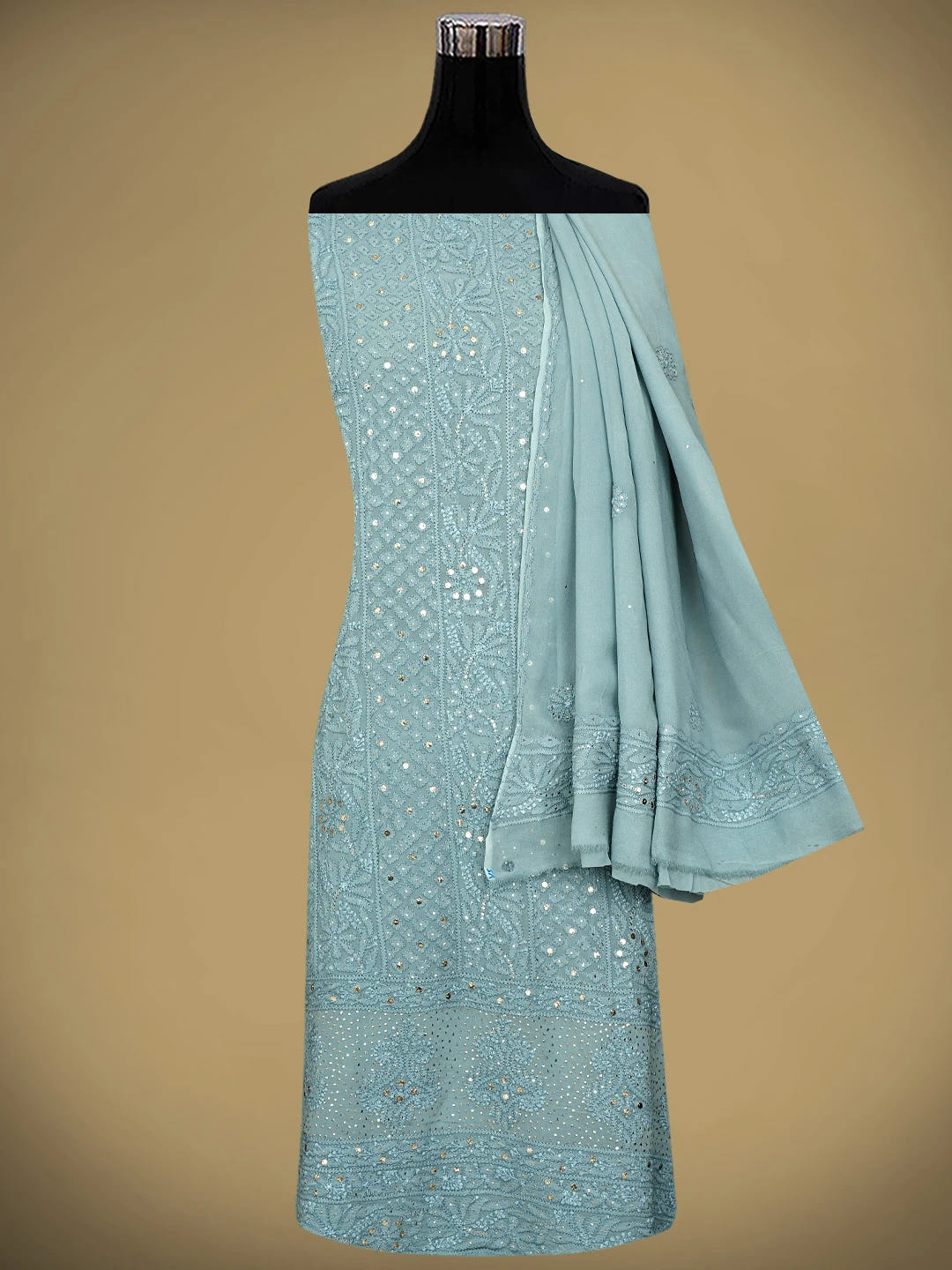 Ada Hand Embroidered Grey Viscose Georgette Lucknowi Chikankari Unstitched Kurta Dupatta Set With Muqaish Work 01A967053