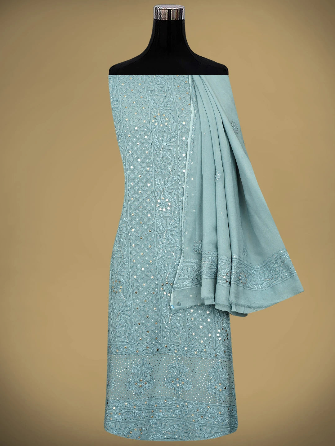 Ada Hand Embroidered Grey Viscose Georgette Lucknowi Chikankari Unstitched Kurta Dupatta Set With Muqaish Work 01A967053