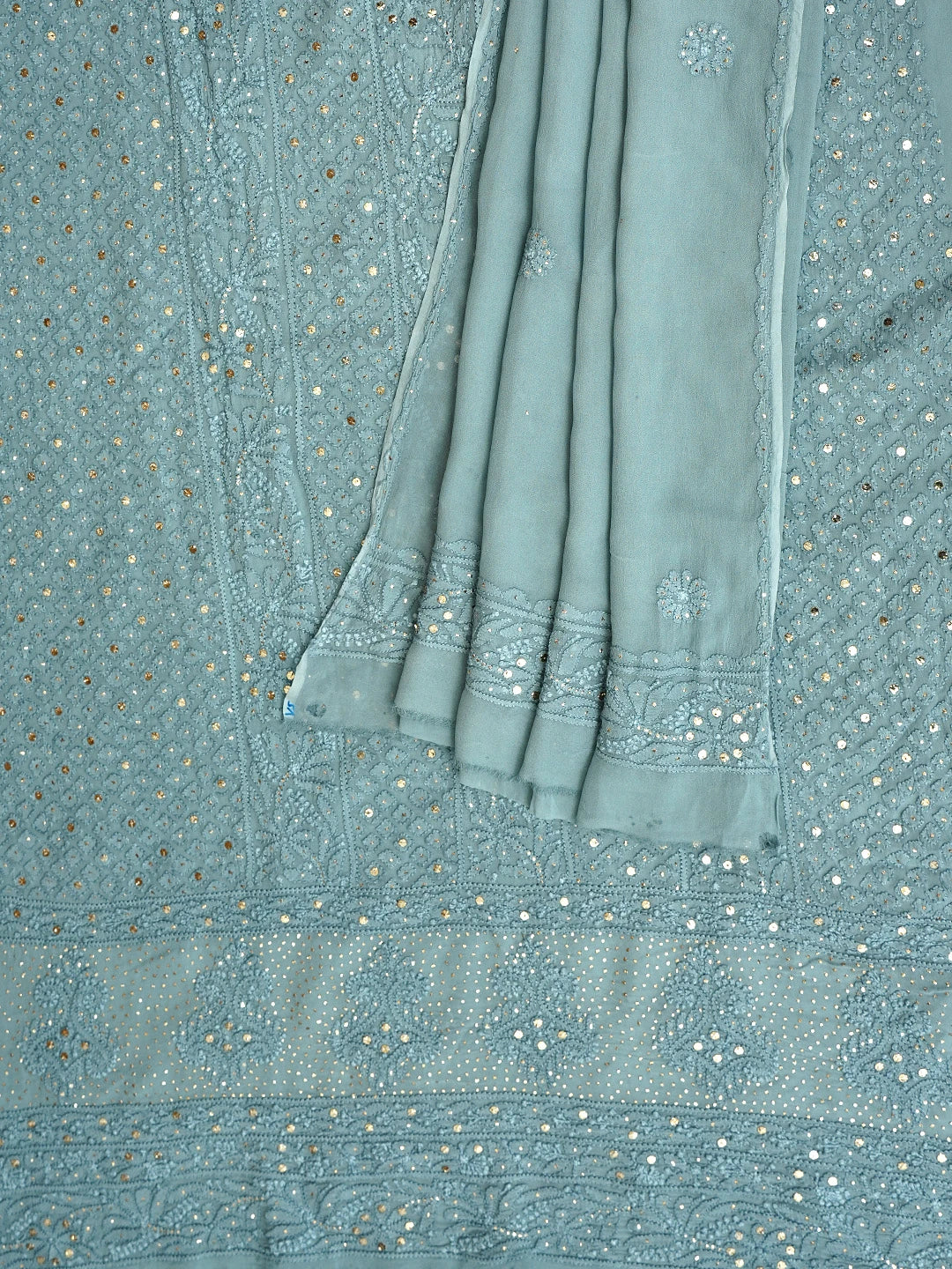 Ada Hand Embroidered Grey Viscose Georgette Lucknowi Chikankari Unstitched Kurta Dupatta Set With Muqaish Work 01A967053
