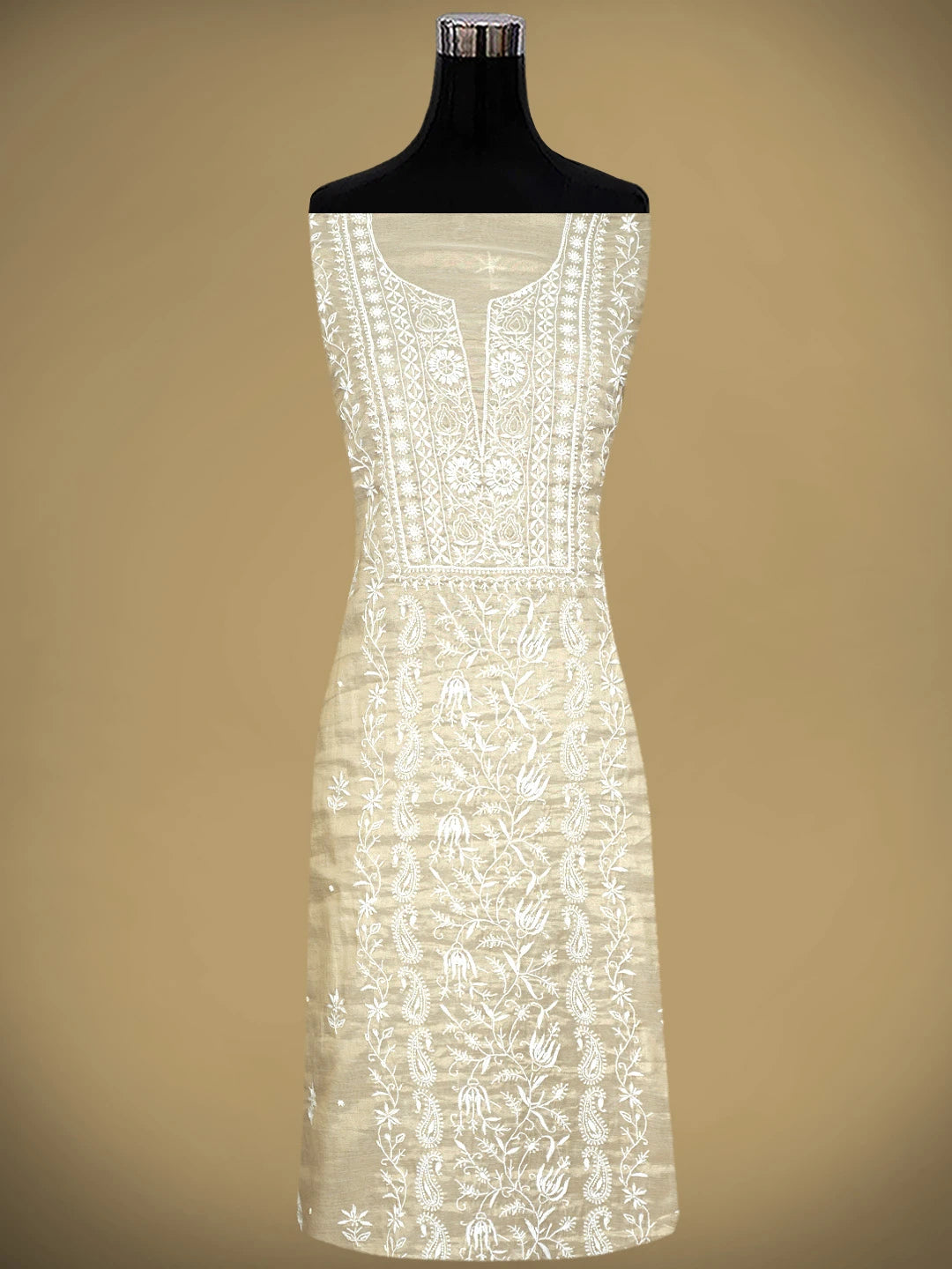 Ada Hand Embroidered Fawn Tissue Lucknowi Chikankari Unstitched Kurta Dupatta Set With Pearl Work 01A968200